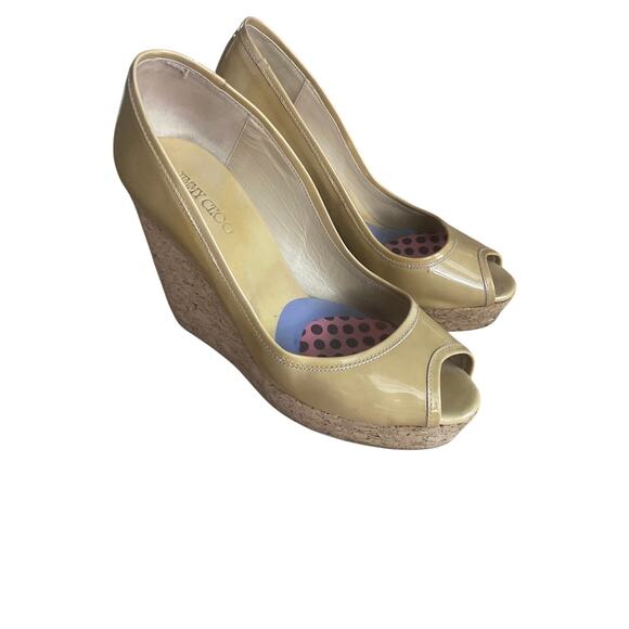 Jimmy Choo cork wedge women’s size 38.5 tan patent leather peep toe - Picture 1 of 7